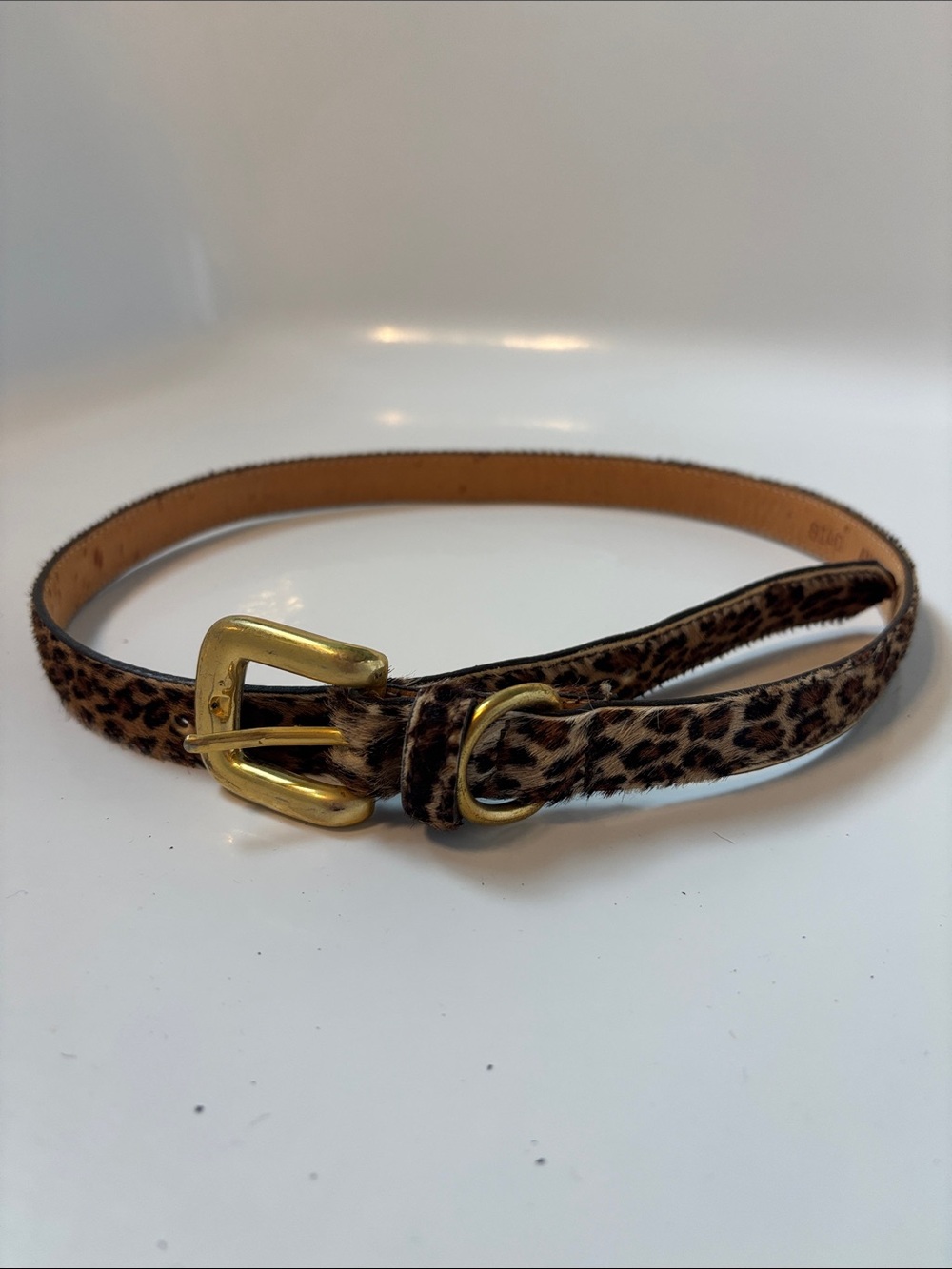 Leopard Print Haircalf Belt with Gold-Tone Buckle - Brown